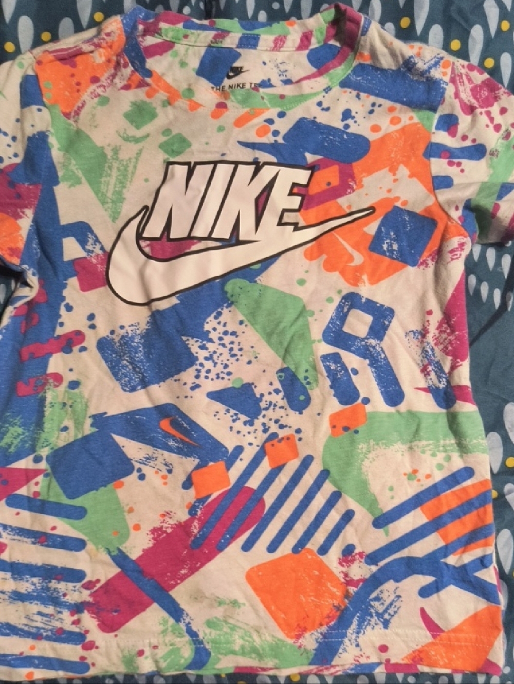 Nike Kids White Tee with Neon Orange, Blue, Green & Pink Graphic (M) 5-6 Yrs